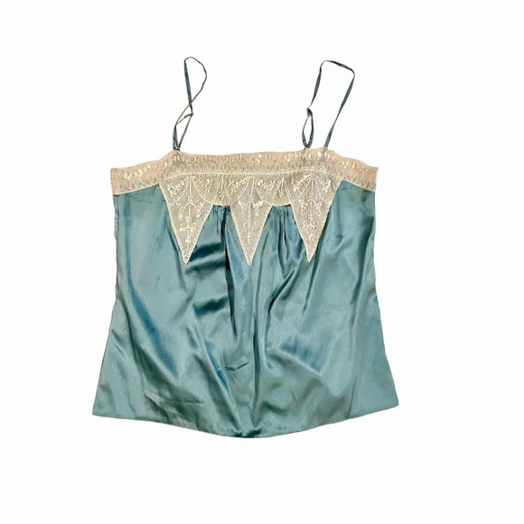 Moda Silk Top. Green With Beige Lace Trim, Spaghetti Straps, Fitted, Side Zip. S - Picture 6 of 6